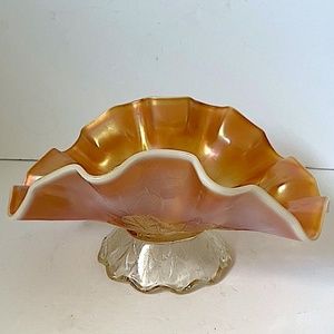 Dugan Peach Carnival Glass Footed Banana Boat Stippled Petals  1910s Antique